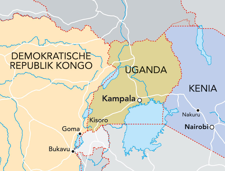 Landkarte von Uganda - westlich davon die Demokratische Republik Kongo, östlich des Landes: Kenia