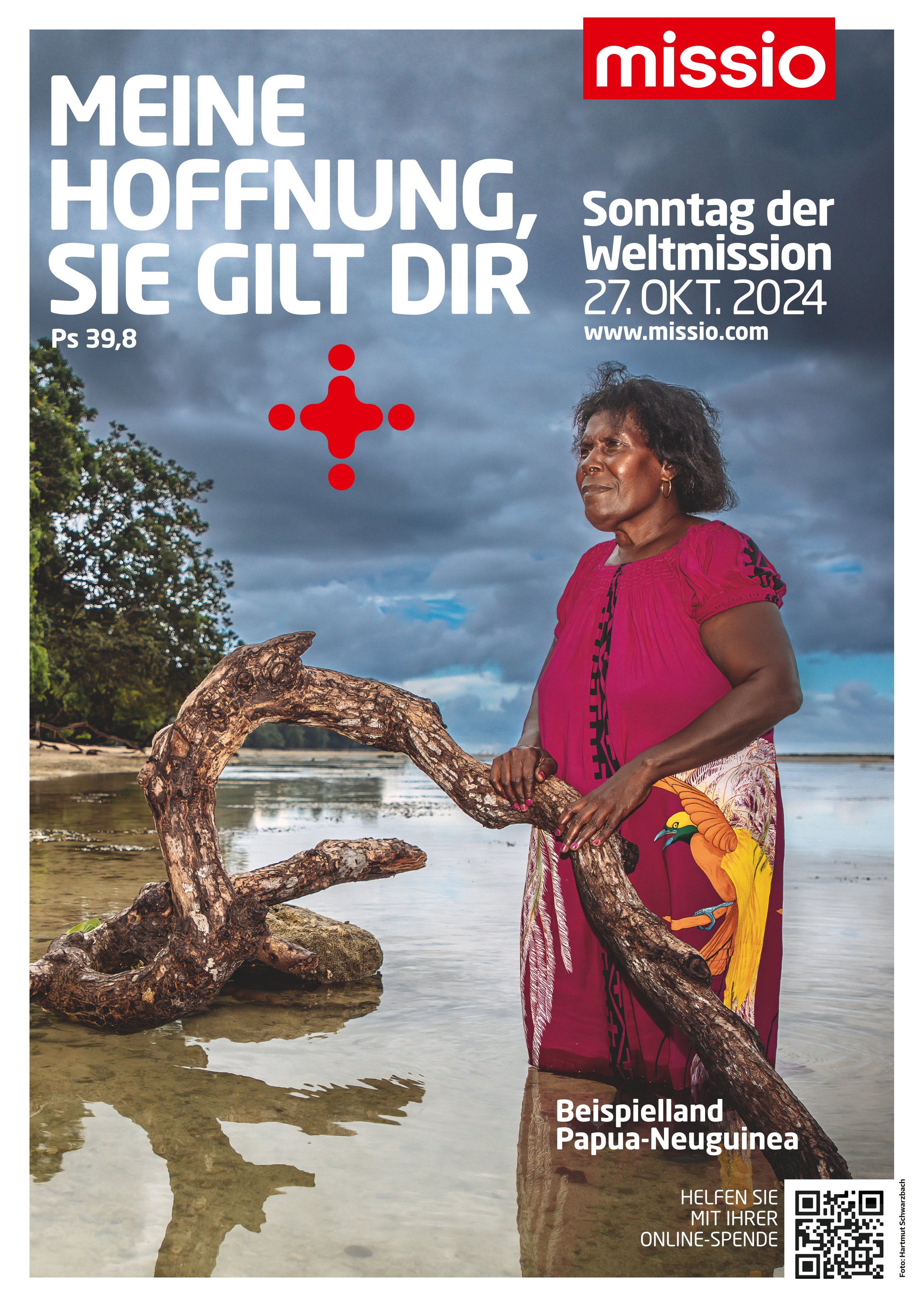 Das Plakat zum Weltmissionsmonat 2024: Eine Frau aus Papua-Neuguinea steht im Wasser - ein Symbol für steigenden Meeresspiegel