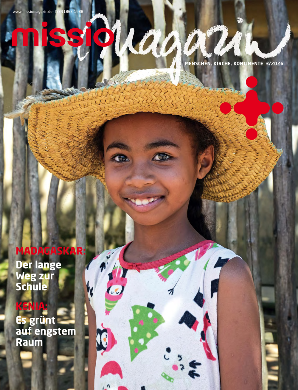 Titelbild missio magazin Ausgabe 3/2026 – Madagaskar: Ein Mädchen mit Strohhut lächelt in die Kamera.