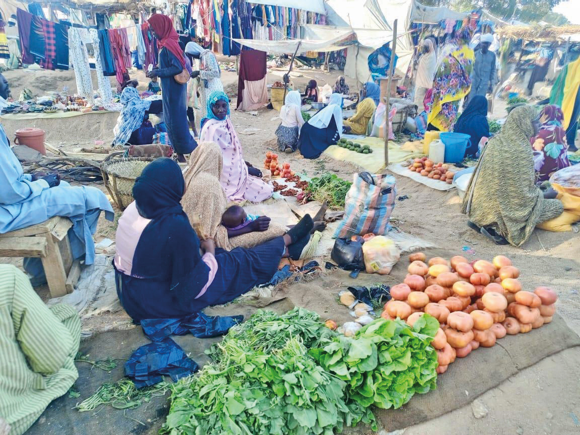 Markttag: Frauen mit Kopftuch, gekleidet in lange, bunte Gewänder sitzen auf dem Boden und bieten Obst und Gemüse an. Im Hintergrund andere Bereiche des Marktes mit Kleidung und Haushaltswaren.