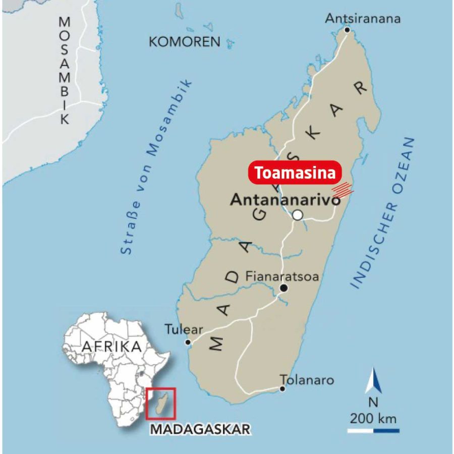Landkarte von Madagaskar, markiert ist Toamasina im Nordosten des Landes.